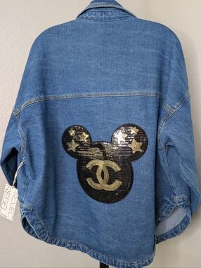 Denim Obsessed Women's Blue Sequin Patch Jean Jacket